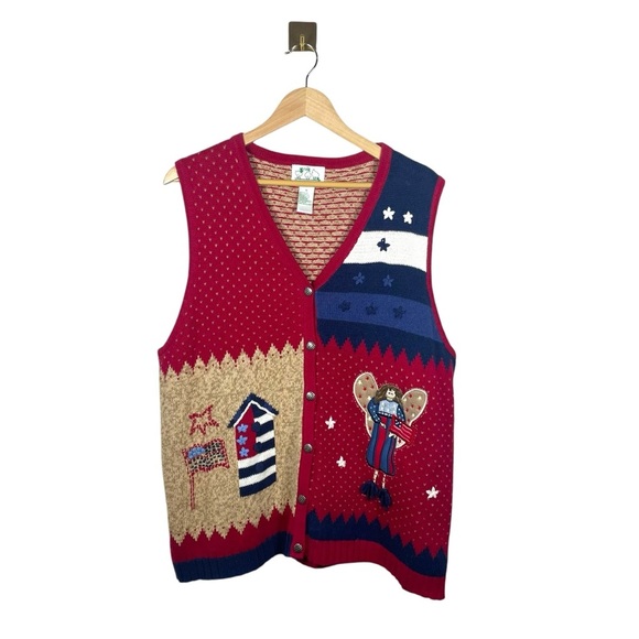 VINTAGE 1990s Quacker Factory Patriotic America Knit Eclectic Vest Size 1X - Picture 1 of 11